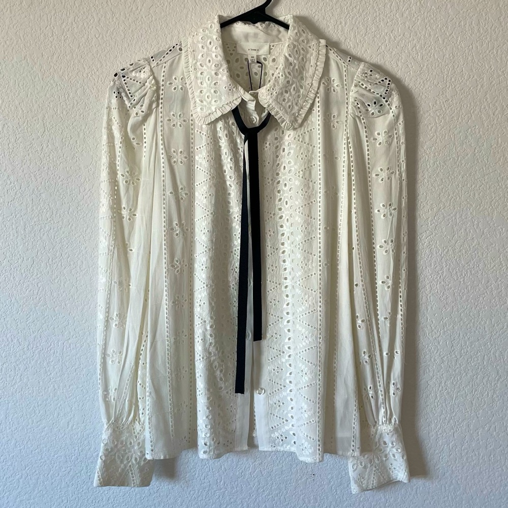 A Loves A long sleeve white lace top with black ribbon tie size XS NWT